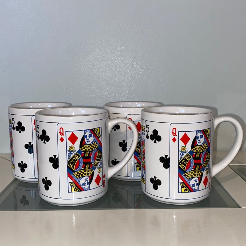Vintage 4 PC Set Playing Card Ceramic Mugs-CBK 1991-Gold Trim-Great Condition